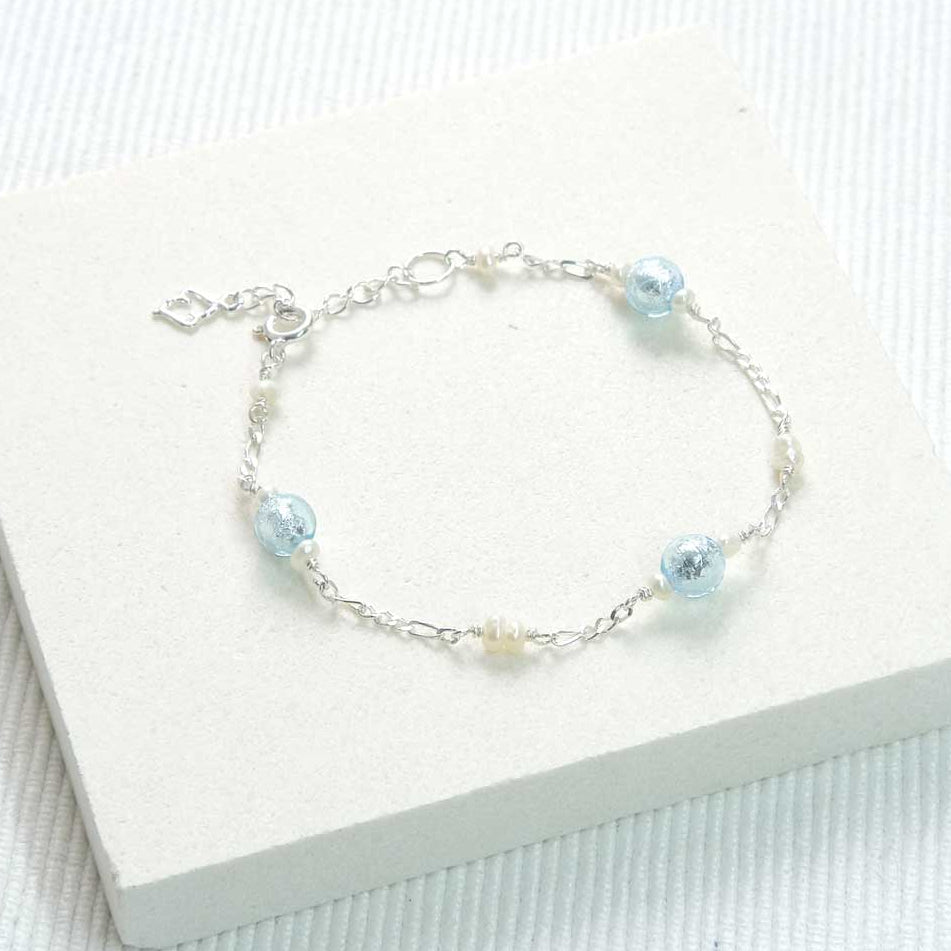 Freshwater Pearl and Blue Murano Bracelet - Sterling Silver