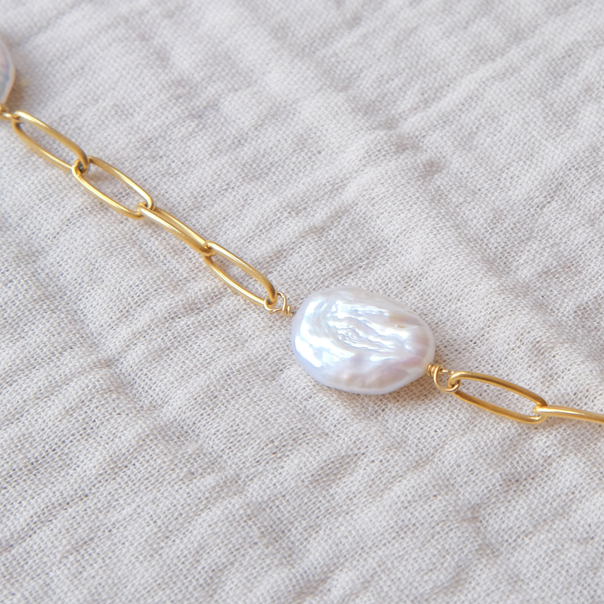 Freshwater Pearl Paperclip Chain Necklace - Gold