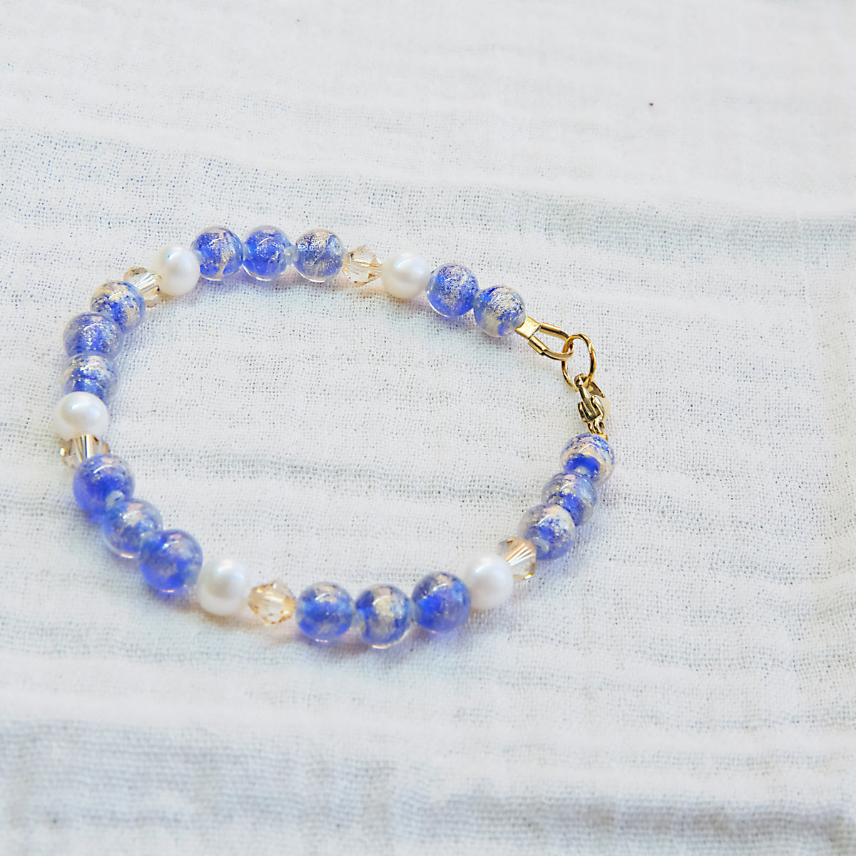 Blue Murano Glass and Freshwater Pearl Bracelet - Gold SSF
