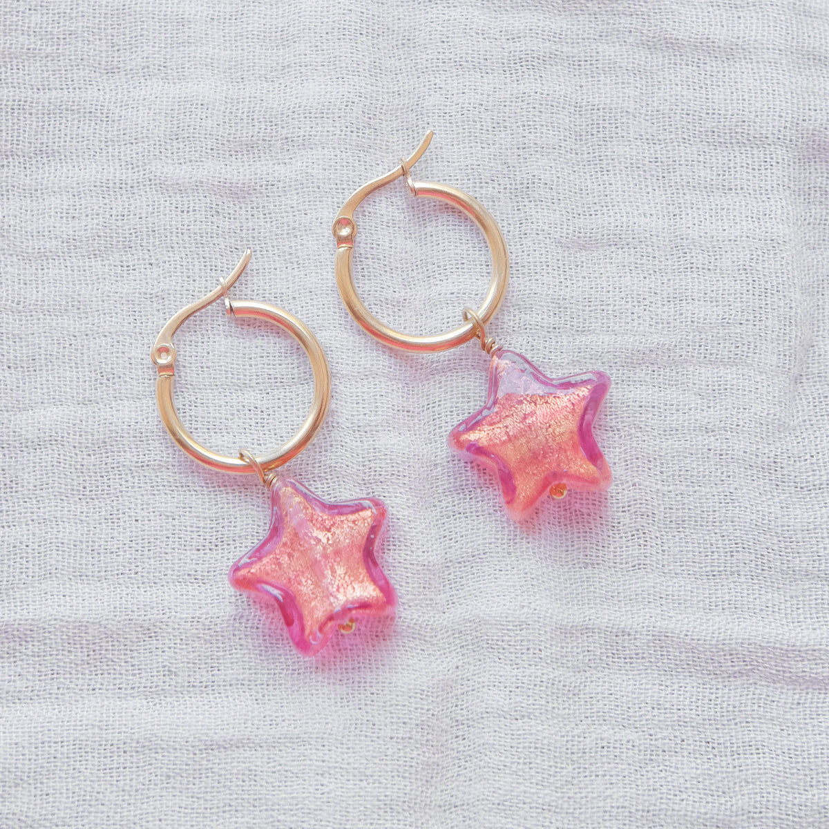 Star Murano Glass Hoop Earrings 19mm - Ruby/Gold SSF