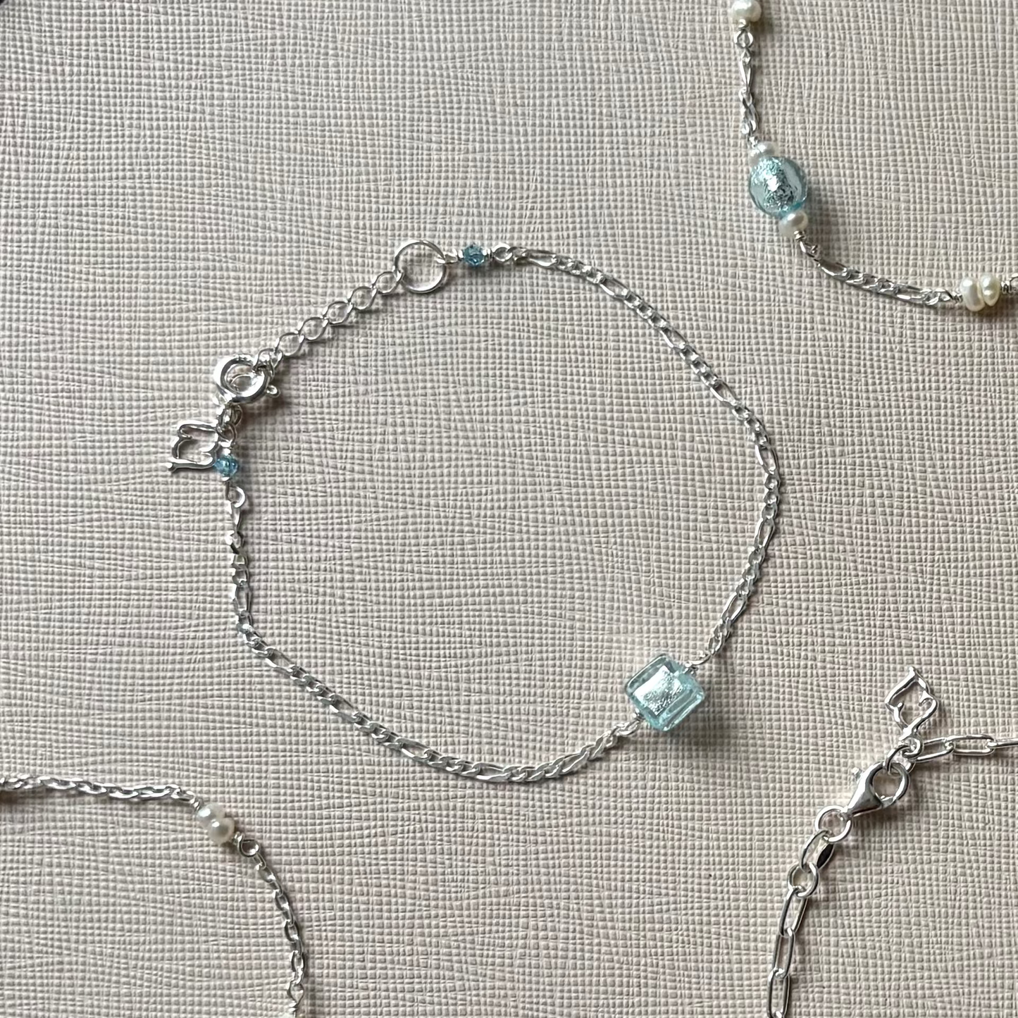 Figaro Chain Blue Cube Bracelet - Sterling Silver