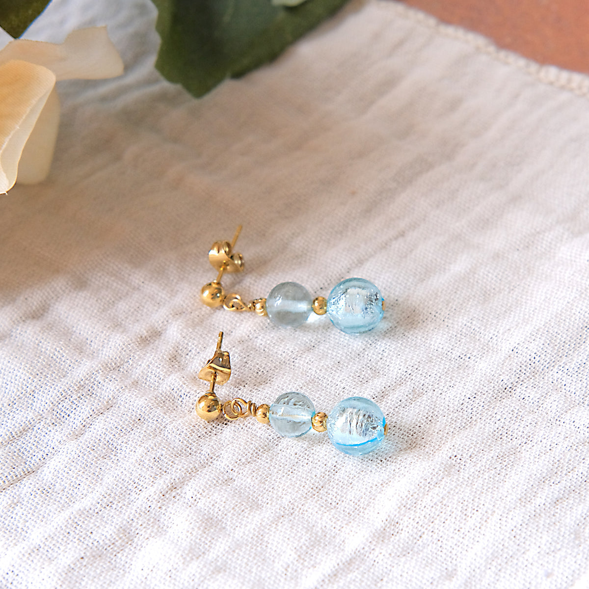 Blue Glass Stud Earrings - Gold