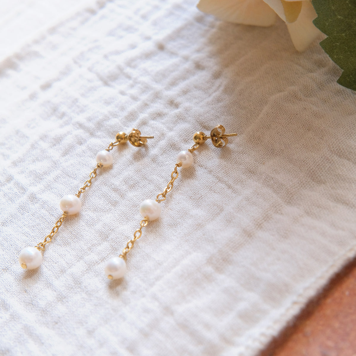 Freshwater Pearl Stud Drop Earrings - Gold