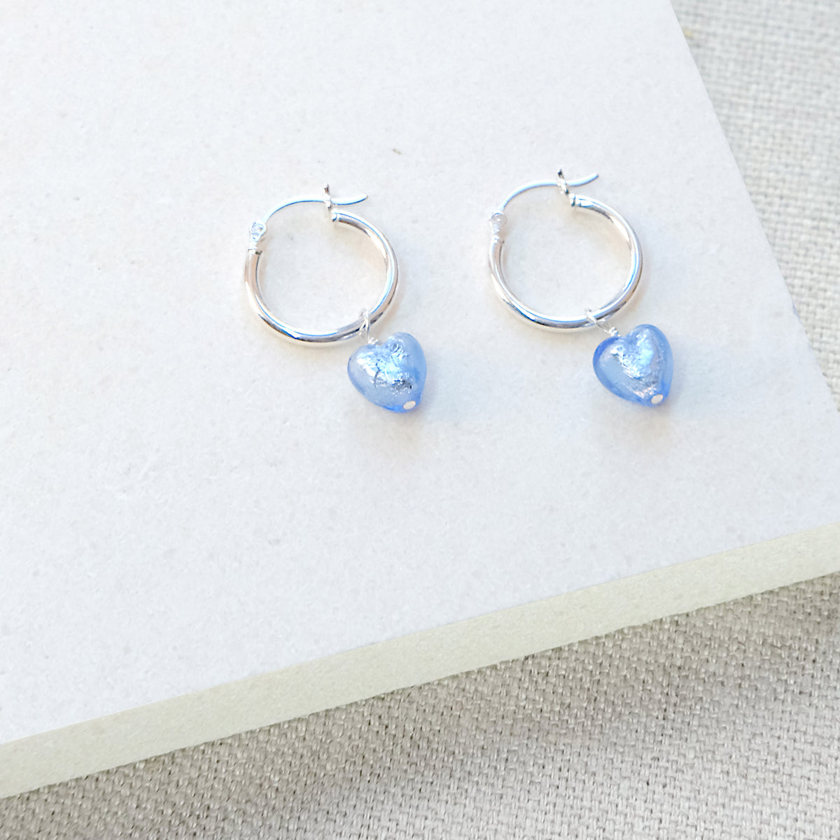 Blue Heart Hoop Earrings 18mm - Sterling Silver
