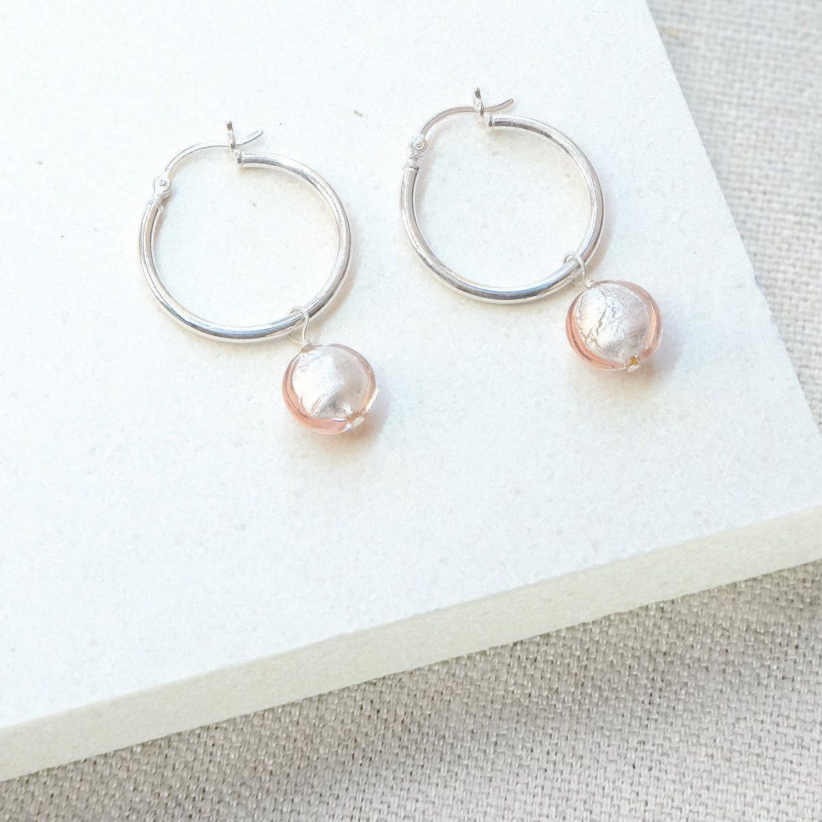 Moon Rock Hoop Earrings 25mm - Pale Pink/Sterling Silver
