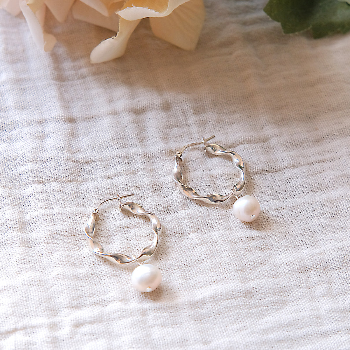 Freshwater Pearl Twisted Hoop Earrings - Sterling Silver