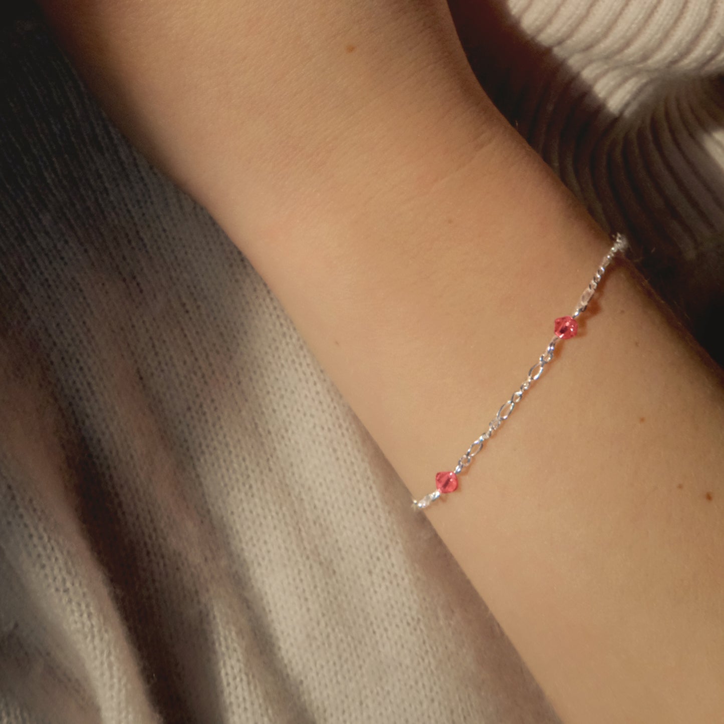 Stardrop Figaro Chain Bracelet - Coral Pink/Sterling Silver