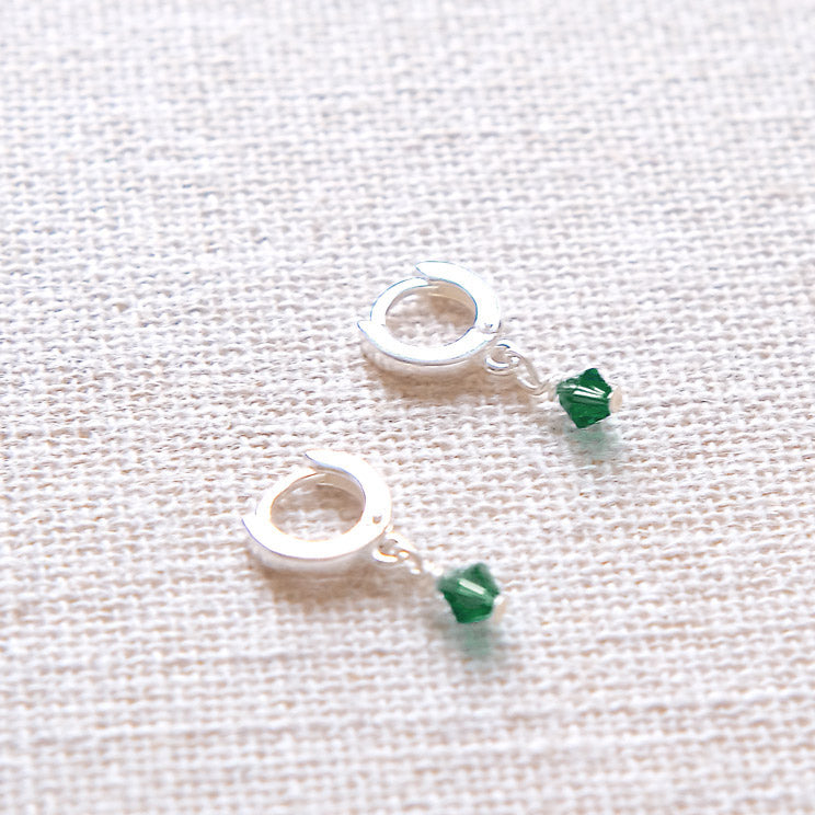 Tiny Swarovski Huggie Earrings - Emerald/Gold Plated