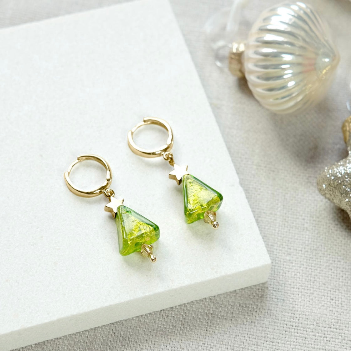 Christmas Tree and Star Earrings - Green/Gold
