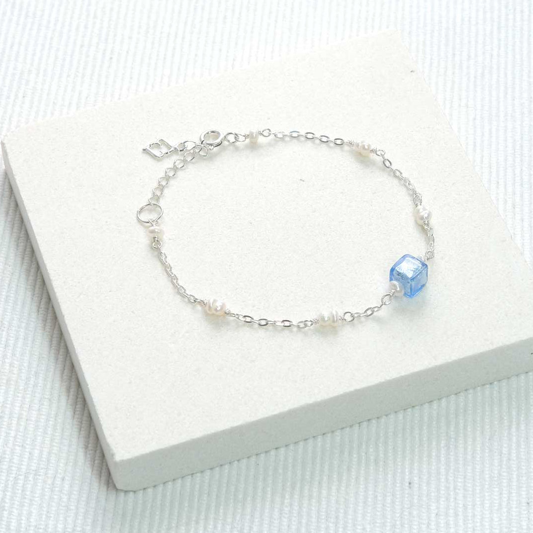 Freshwater Pearl and Blue Cube Bracelet - Sterling Silver