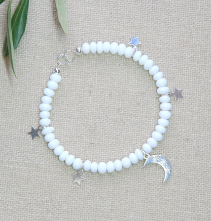 Celestial Moon Beaded Bracelet - White/Sterling Silver