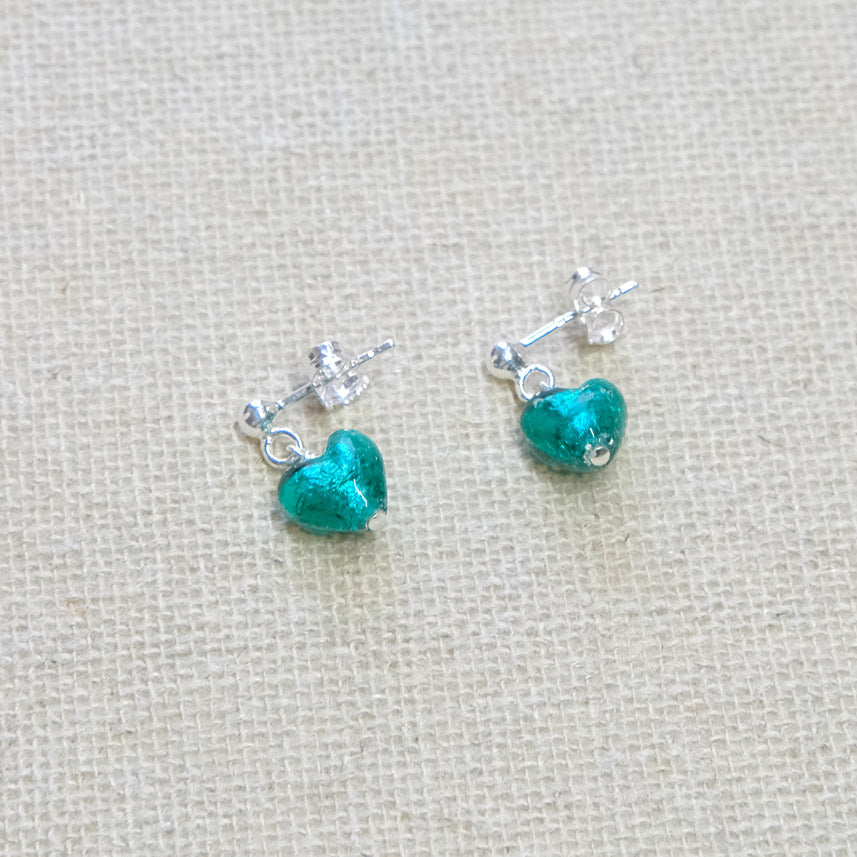 Teal Heart Stud Earrings - Sterling Silver