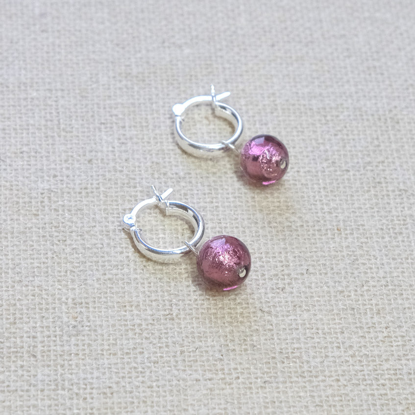 Purple Murano Glass Hoops Earrings - Sterling Silver
