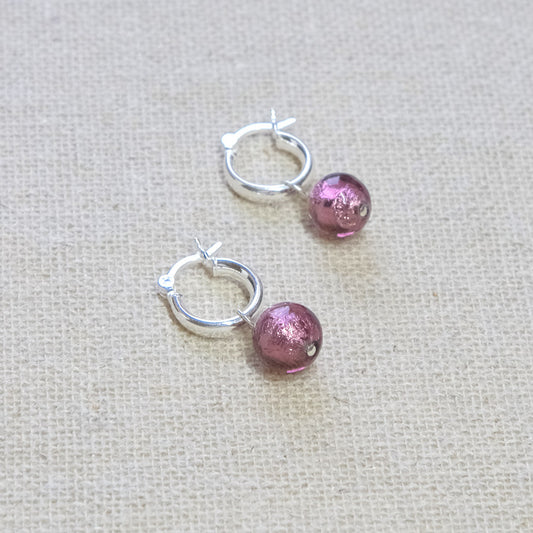 Purple Murano Glass Hoops Earrings - Sterling Silver