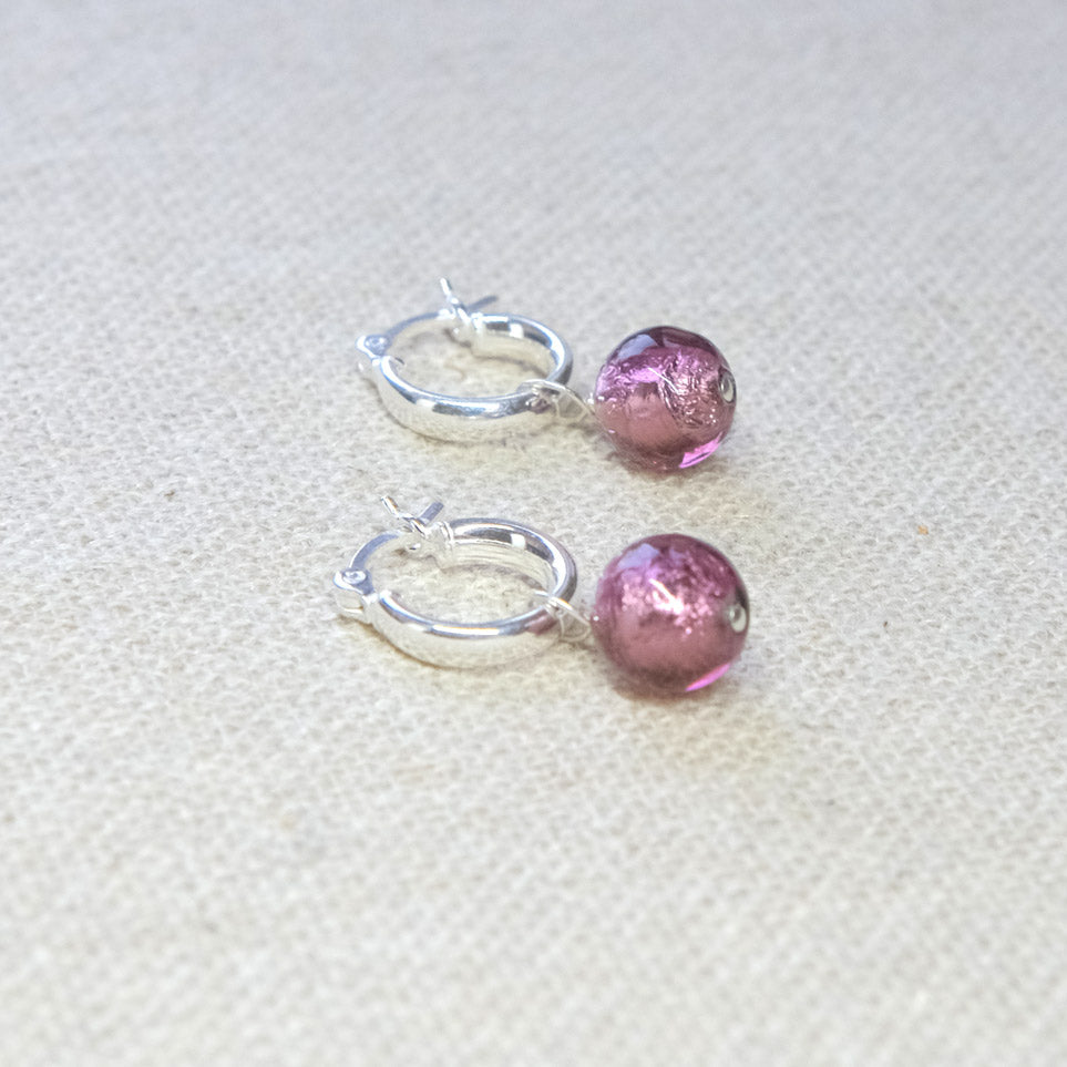 Purple Murano Glass Hoops Earrings - Sterling Silver
