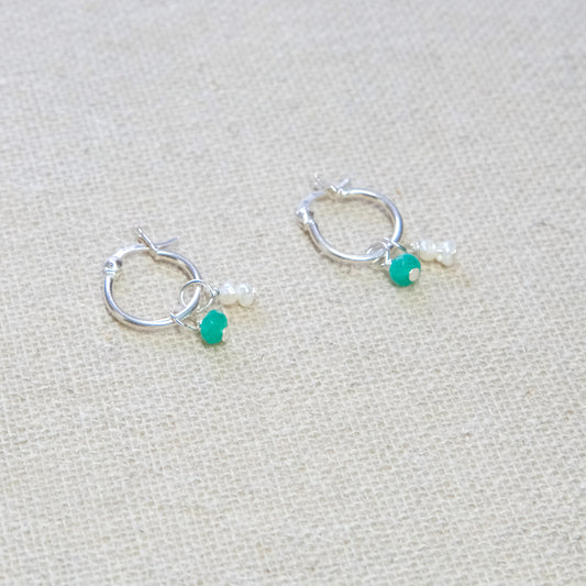 Gemstone and Pearl Hoops Earrings - Sterling Silver
