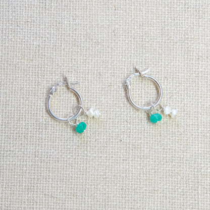 Gemstone and Pearl Hoops Earrings - Sterling Silver