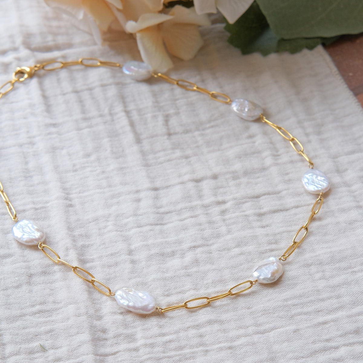 Freshwater Pearl Paperclip Chain Necklace - Gold
