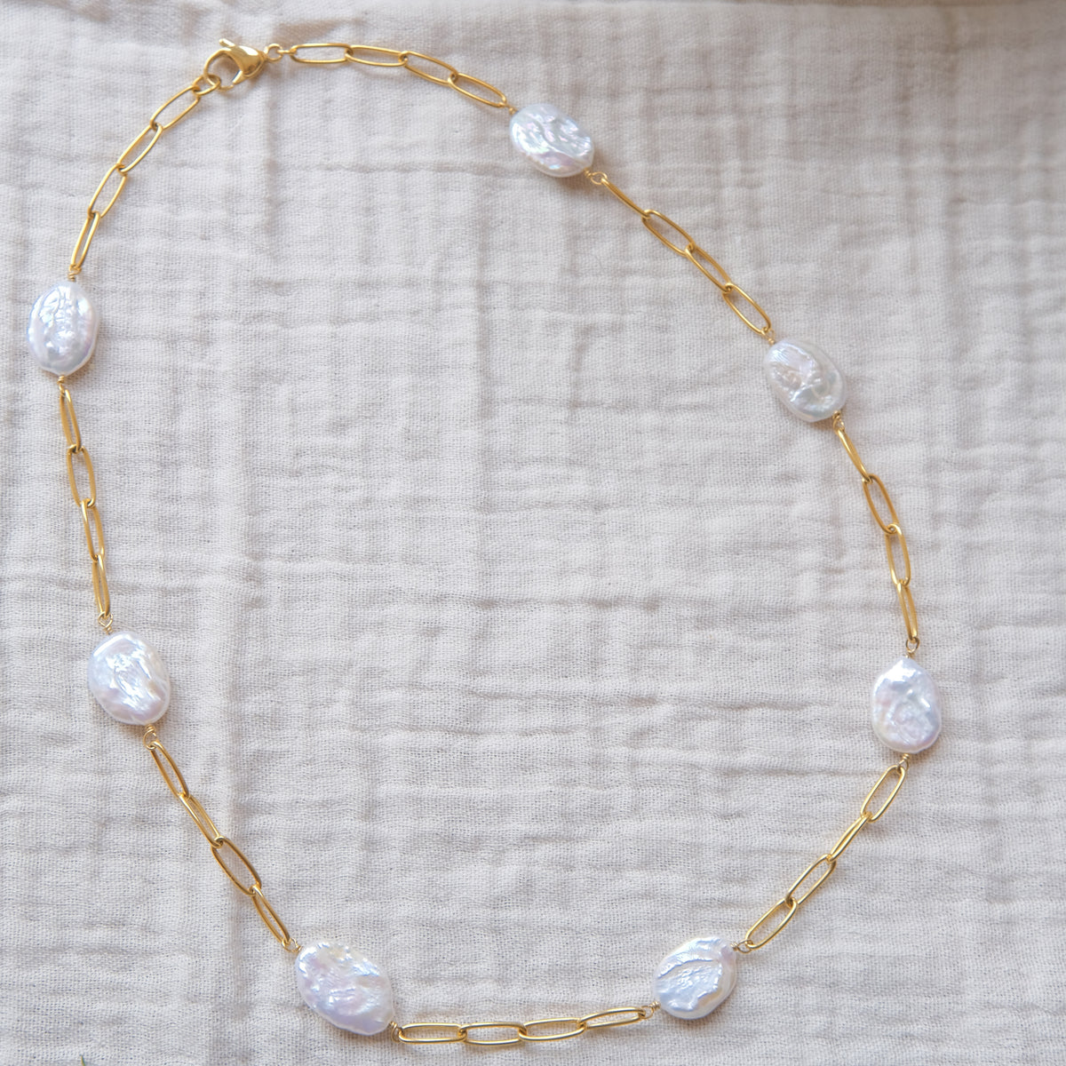 Freshwater Pearl Paperclip Chain Necklace - Gold
