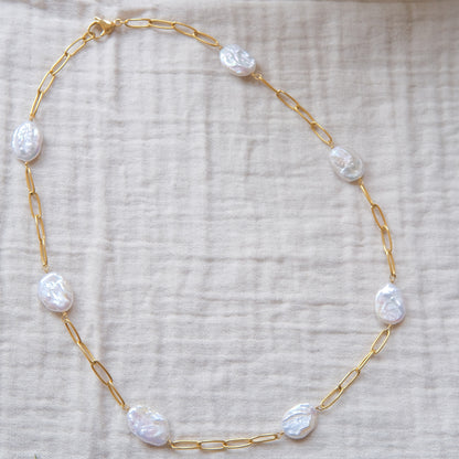 Freshwater Pearl Paperclip Chain Necklace - Gold