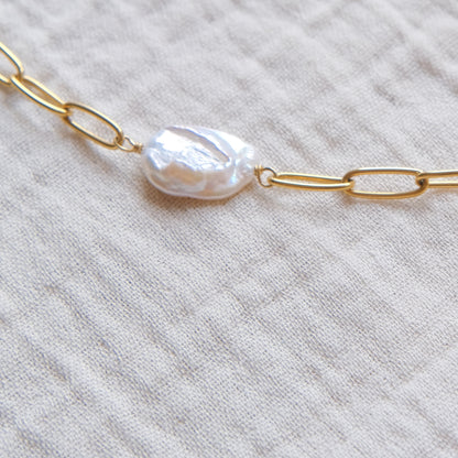 Freshwater Pearl Paperclip Chain Necklace - Gold