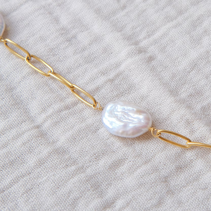 Freshwater Pearl Paperclip Chain Necklace - Gold