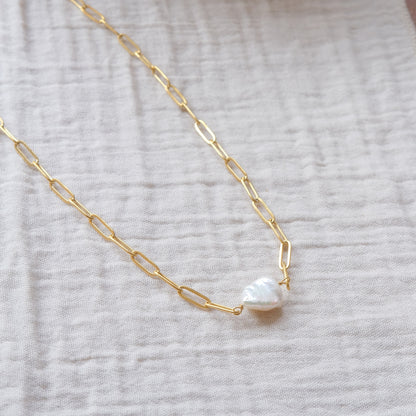 Freshwater Pearl Paperclip Chain Necklace - Gold 2