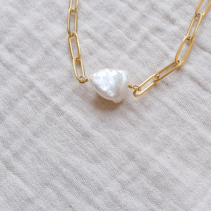Freshwater Pearl Paperclip Chain Necklace - Gold 2