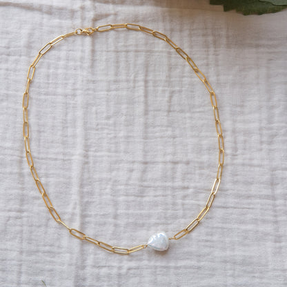 Freshwater Pearl Paperclip Chain Necklace - Gold 2