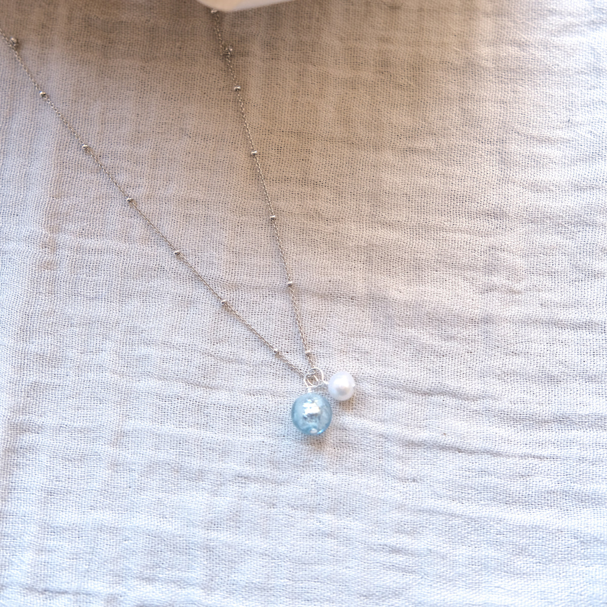 Blue Glass and Freshwater Pearl Necklace - Sterling Silver