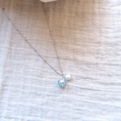 Blue Glass and Freshwater Pearl Necklace - Sterling Silver