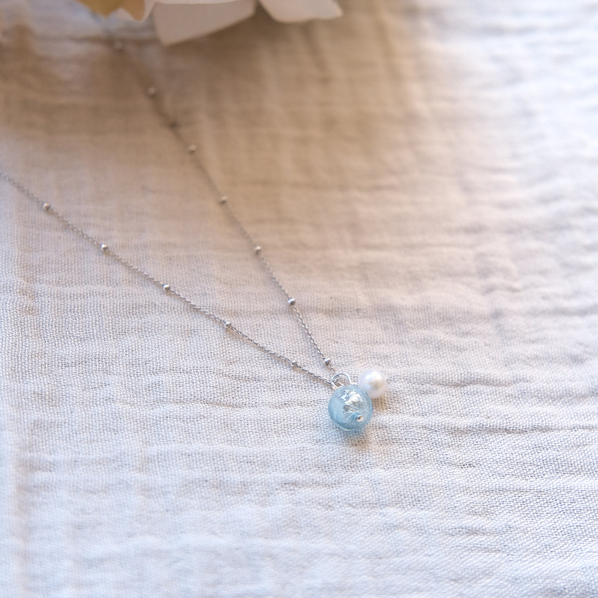 Blue Glass and Freshwater Pearl Necklace - Sterling Silver