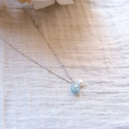 Blue Glass and Freshwater Pearl Necklace - Sterling Silver
