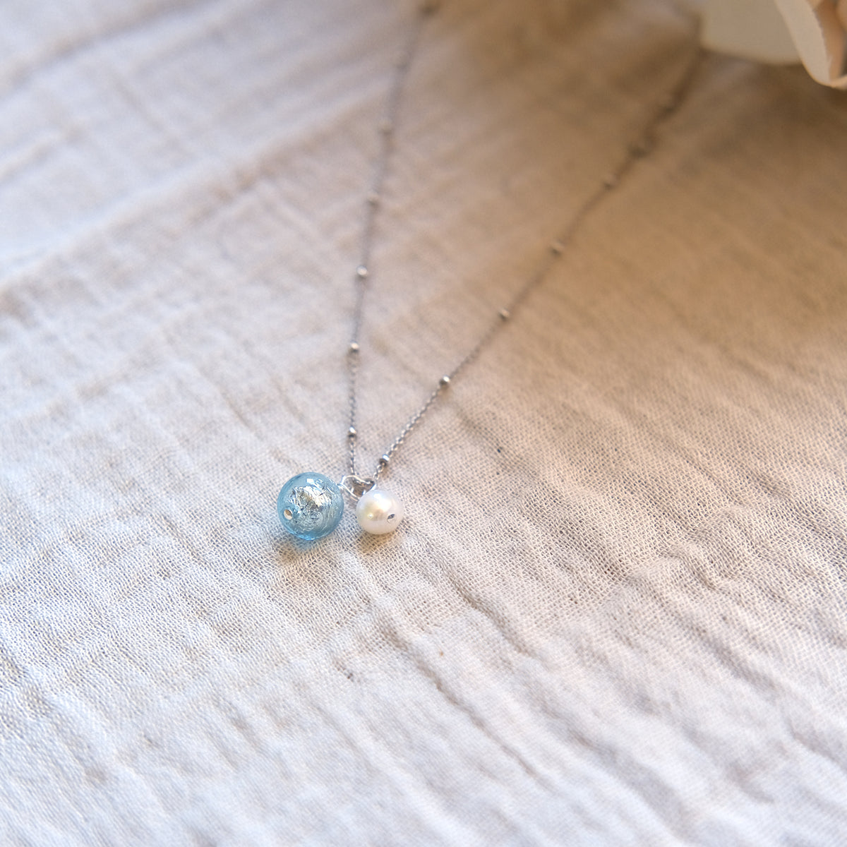 Blue Glass and Freshwater Pearl Necklace - Sterling Silver