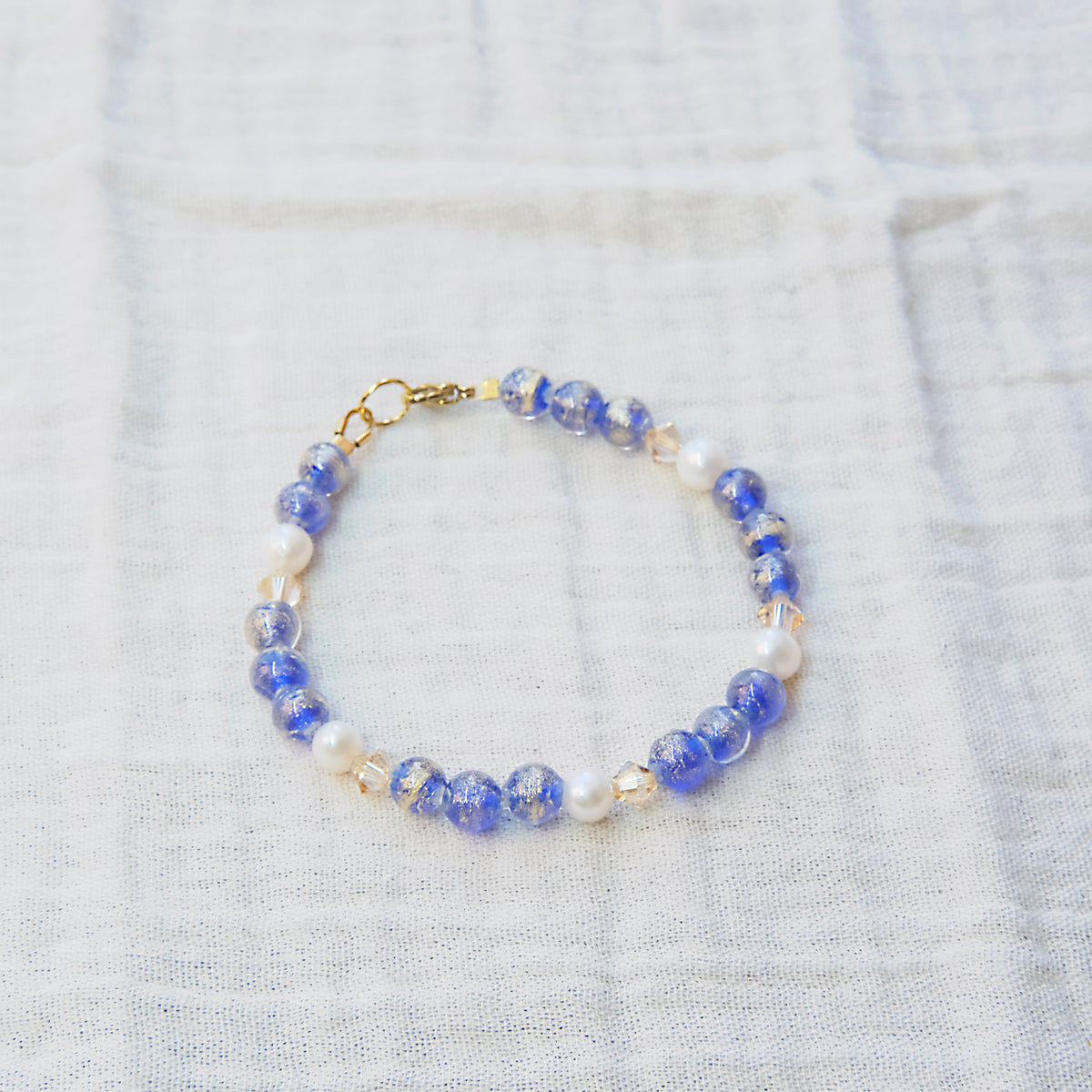 Blue Murano Glass and Freshwater Pearl Bracelet - Gold SSF