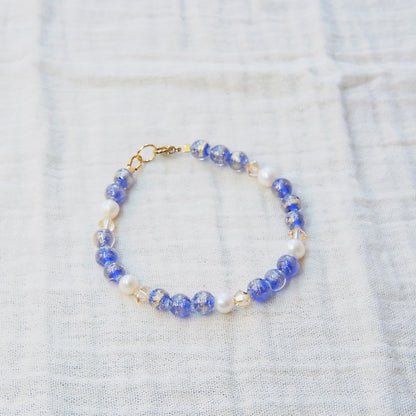 Blue Murano Glass and Freshwater Pearl Bracelet - Gold SSF