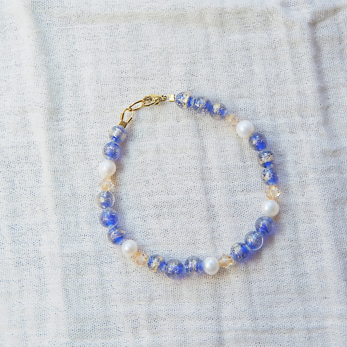 Blue Murano Glass and Freshwater Pearl Bracelet - Gold SSF