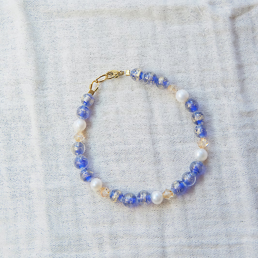 Blue Murano Glass and Freshwater Pearl Bracelet - Gold SSF