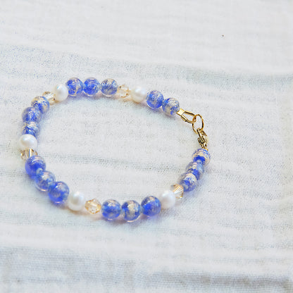Blue Murano Glass and Freshwater Pearl Bracelet - Gold SSF