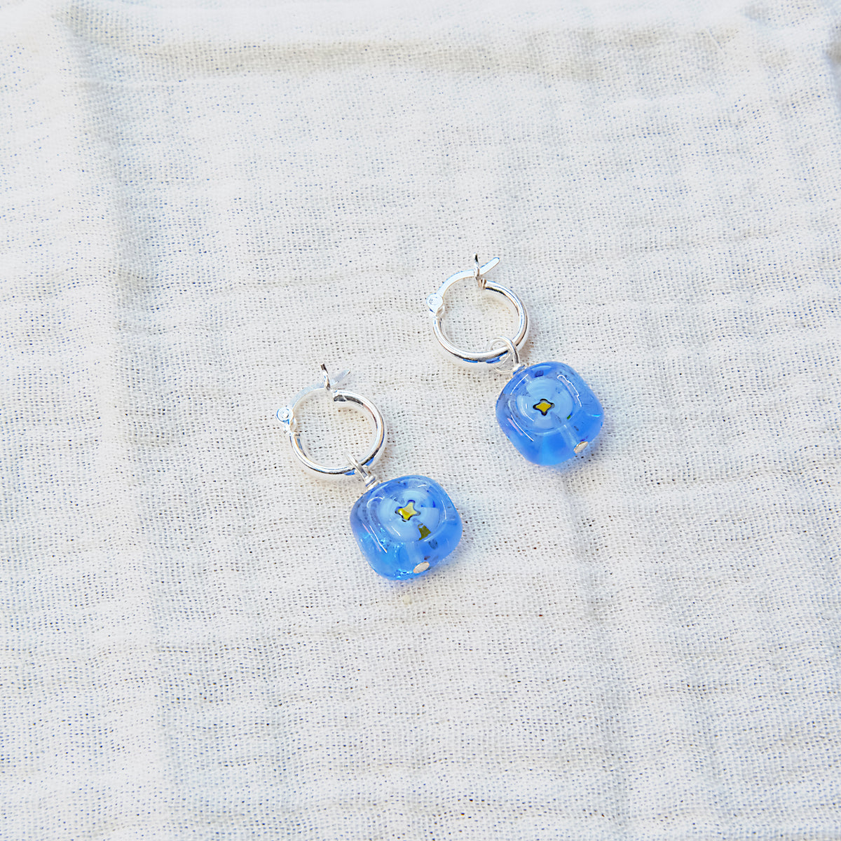 Blue Square Flower Earrings - Sterling Silver SSF