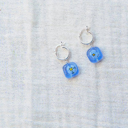 Blue Square Flower Earrings - Sterling Silver SSF