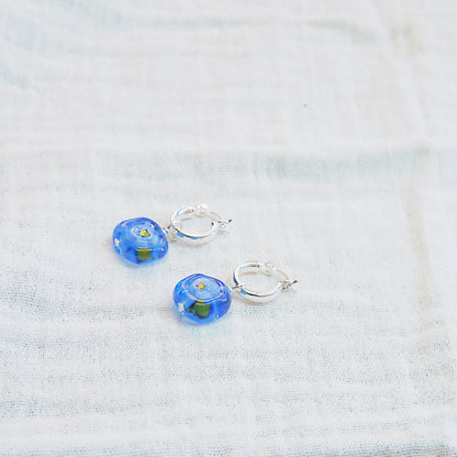 Blue Square Flower Earrings - Sterling Silver SSF