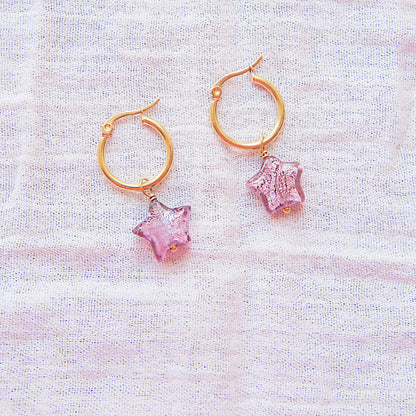 Star Murano Glass Hoop Earrings 19mm - Aubergine/Gold SSF