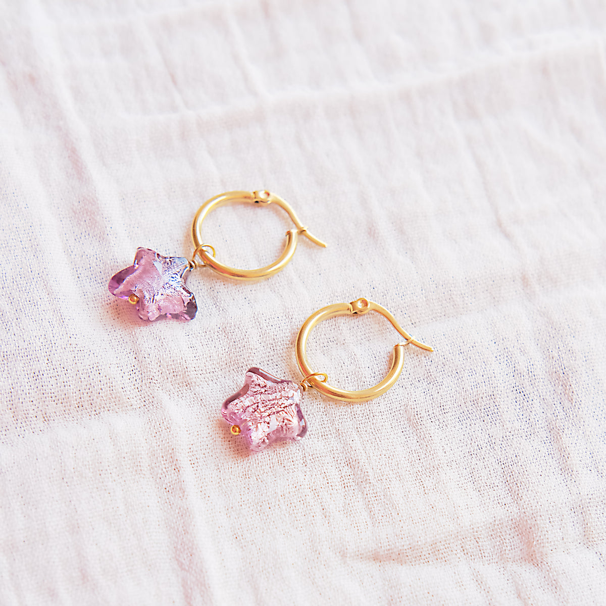 Star Murano Glass Hoop Earrings 19mm - Aubergine/Gold SSF
