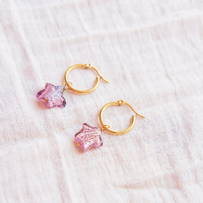 Star Murano Glass Hoop Earrings 19mm - Aubergine/Gold SSF