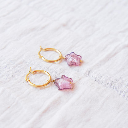 Star Murano Glass Hoop Earrings 19mm - Aubergine/Gold SSF