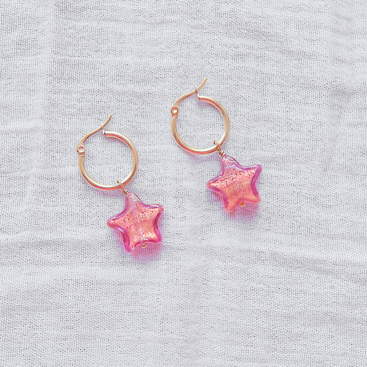 Star Murano Glass Hoop Earrings 19mm - Ruby/Gold SSF