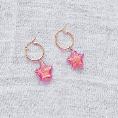 Star Murano Glass Hoop Earrings 19mm - Ruby/Gold SSF