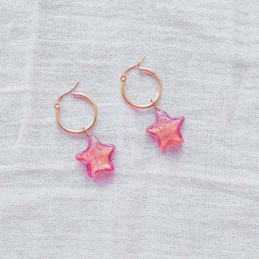 Star Murano Glass Hoop Earrings 19mm - Ruby/Gold SSF