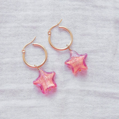 Star Murano Glass Hoop Earrings 19mm - Ruby/Gold SSF